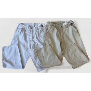 2 Pairs Vintage Orvis Canvas Pants Leather Trim Men's Tan Khaki Cotton‎ Sz 34